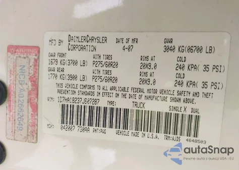 2007 Dodge Ram 1500 Slt z USA, uszkodzony, nr VIN 1D7HA18237J607287